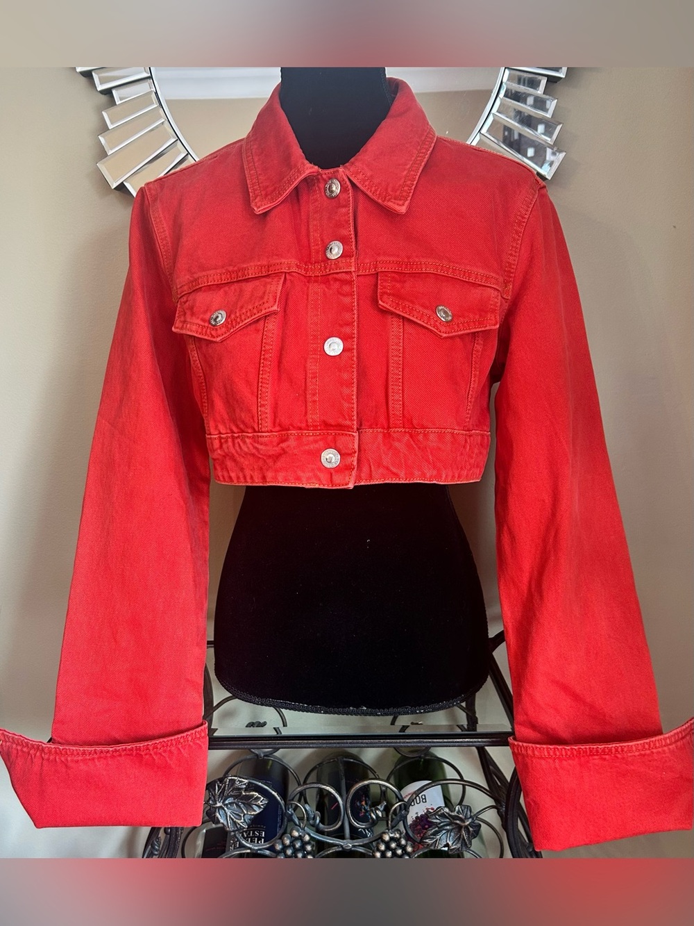 Zara Red Cropped Denim Jacket